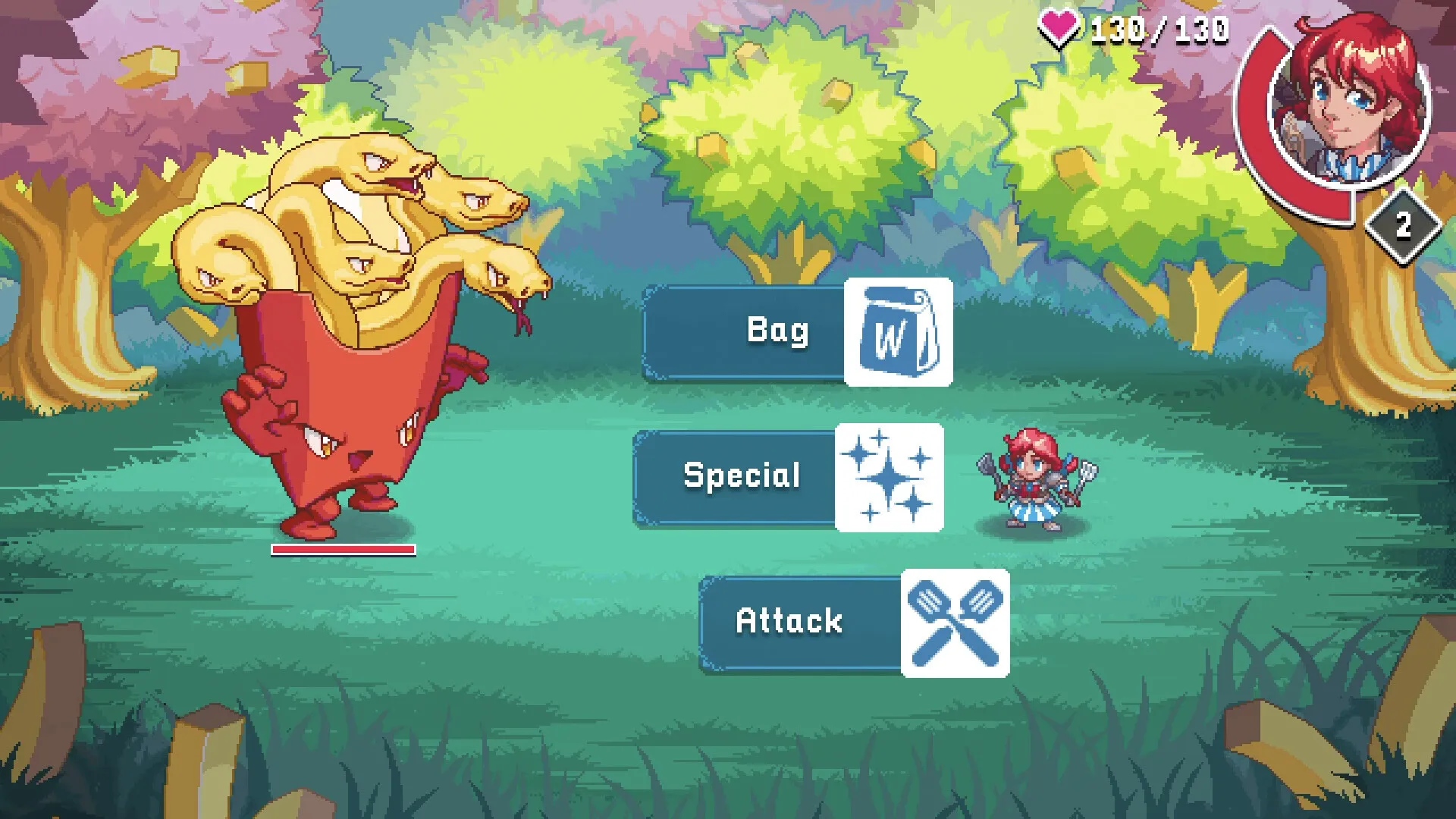 WendyQuest battle screen showing the Bag, Special and Attack command menu with party health bars