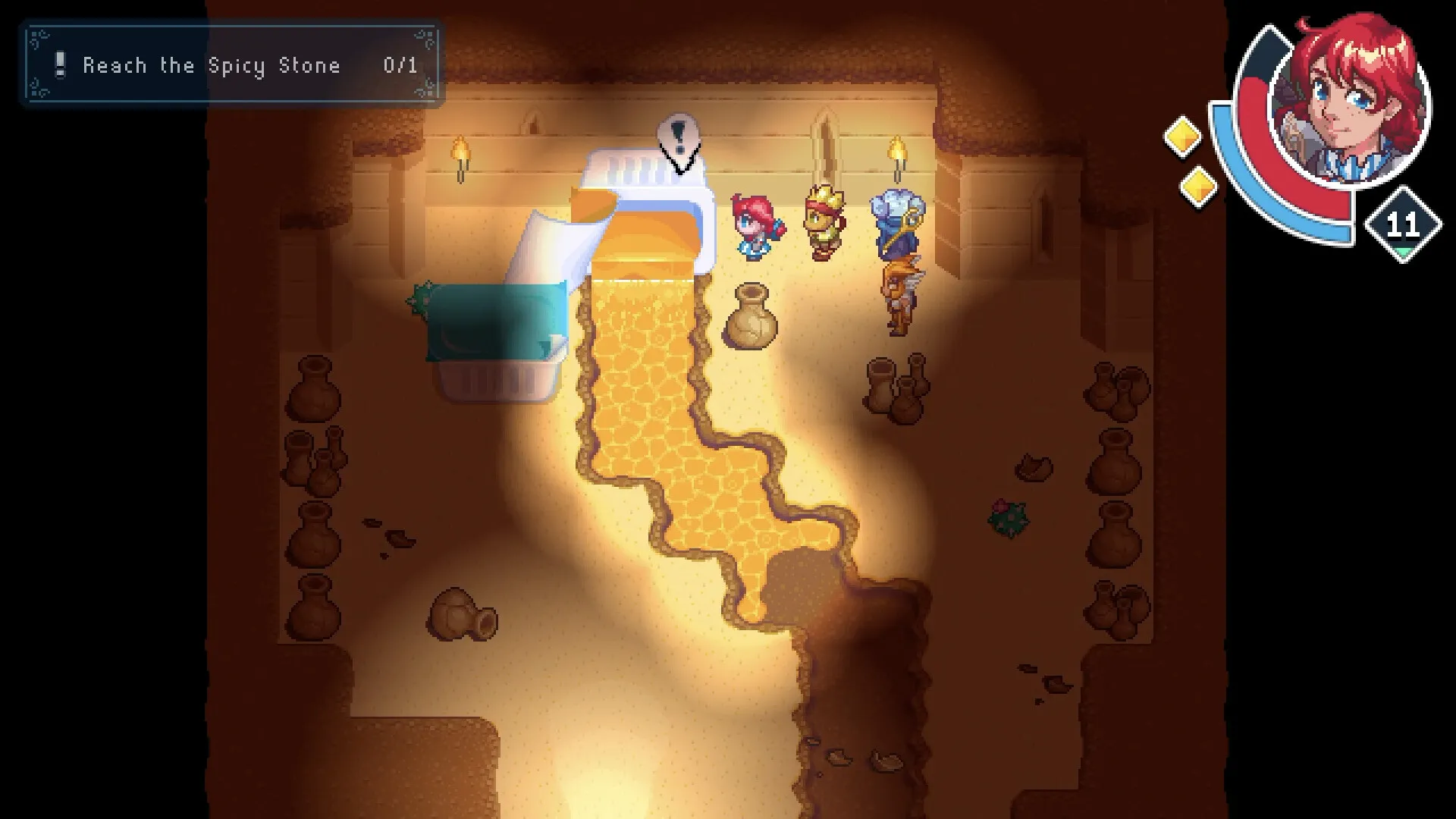 WendyQuest cavern screenshot with the objective Reach the Spicy Stone