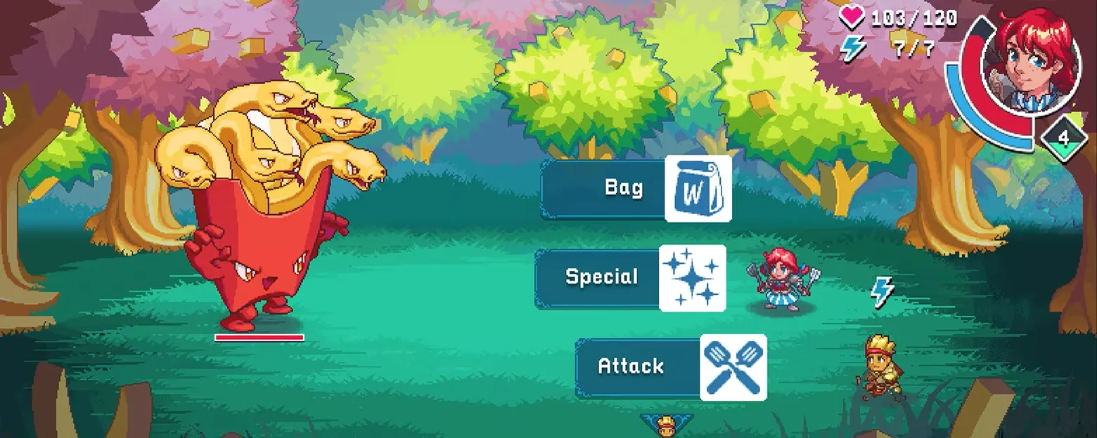 WendyQuest battle interface with Attack, Special and Bag commands and a health bar
